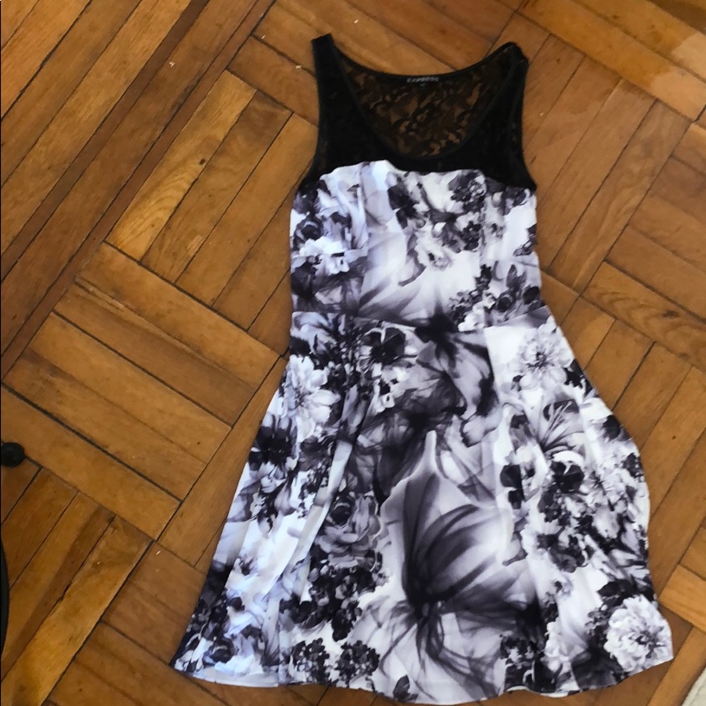 NWOT black and grey floral dress with lace upper